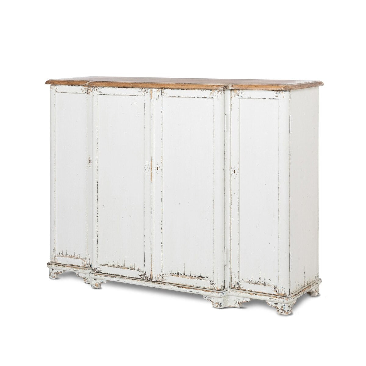White distressed sideboard with wooden top on a white background