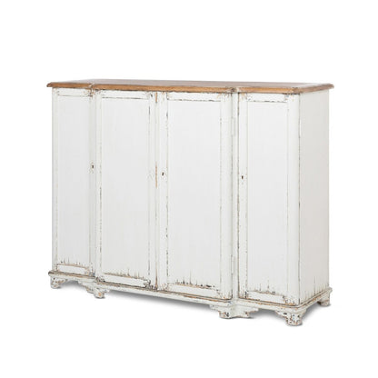 White distressed sideboard with wooden top on a white background