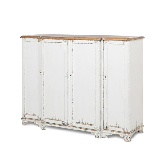 White distressed sideboard with wooden top on a white background