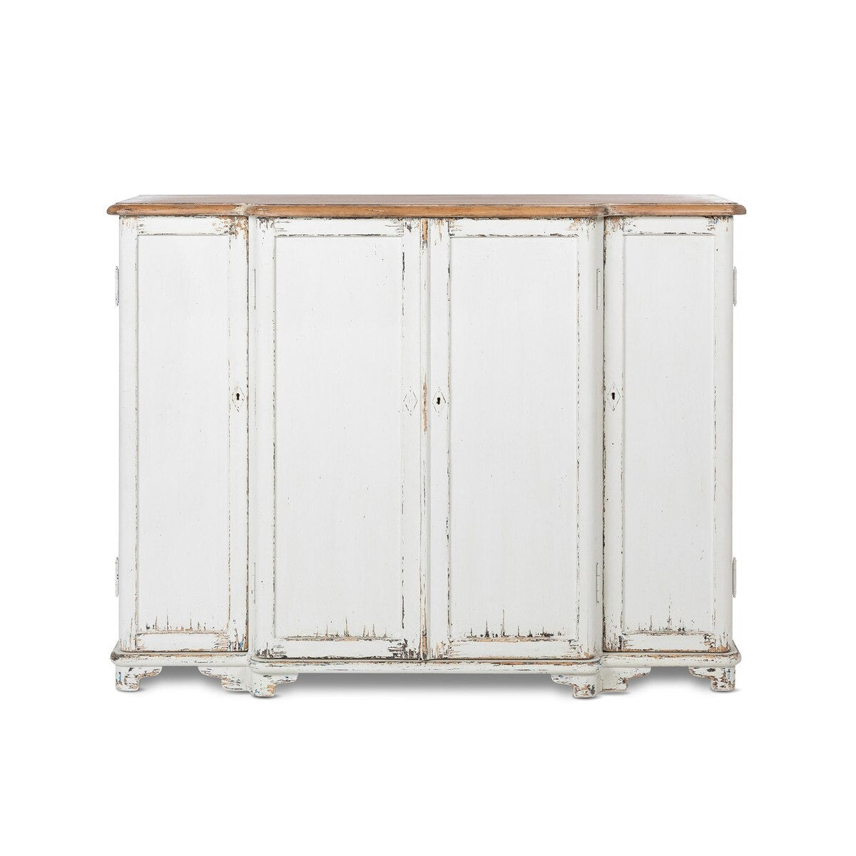 White distressed sideboard with wooden top on a white background
