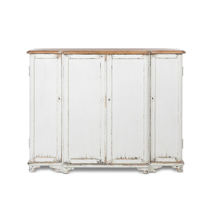 White distressed sideboard with wooden top on a white background