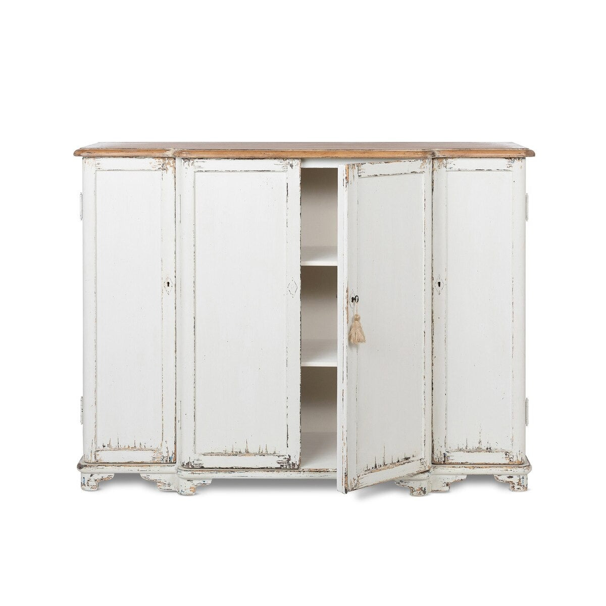 White distressed cabinet with wooden top on a white background