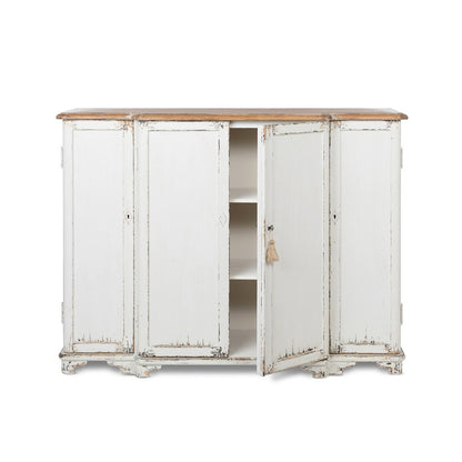 White distressed cabinet with wooden top on a white background