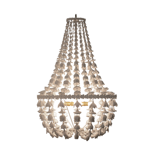 Decorative chandelier with shell-like design on a white background