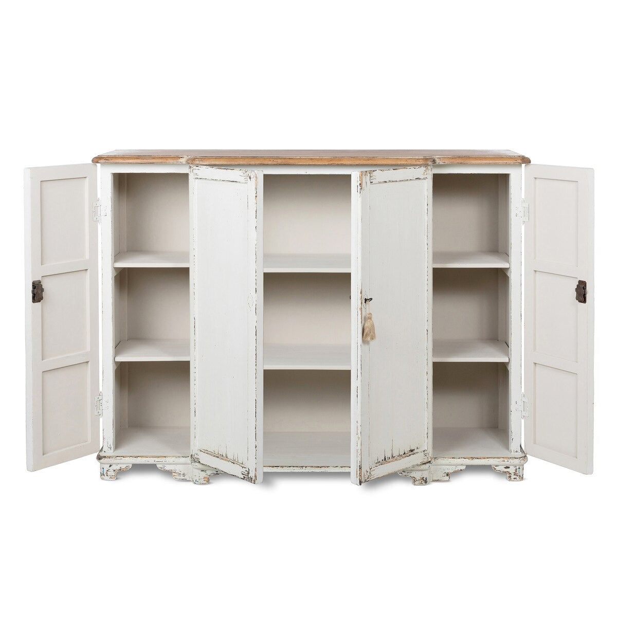 White distressed cabinet with open doors on a white background
