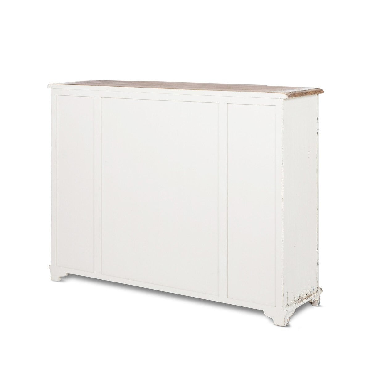 White sideboard with a wooden top on a white background