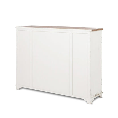 White sideboard with a wooden top on a white background
