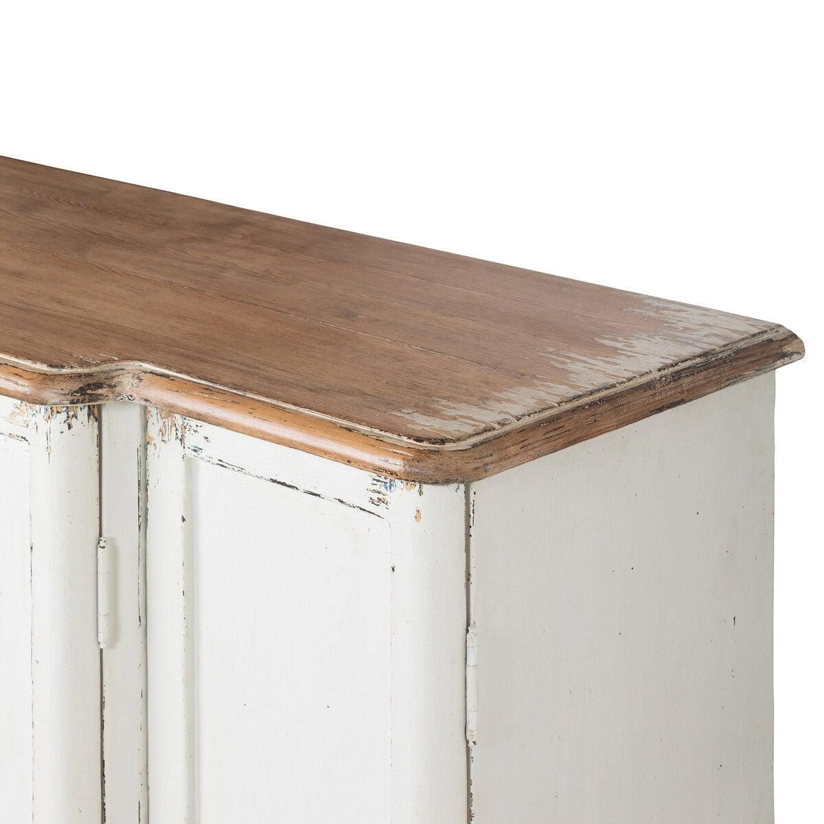 Wooden surface on a white cabinet with a distressed finish