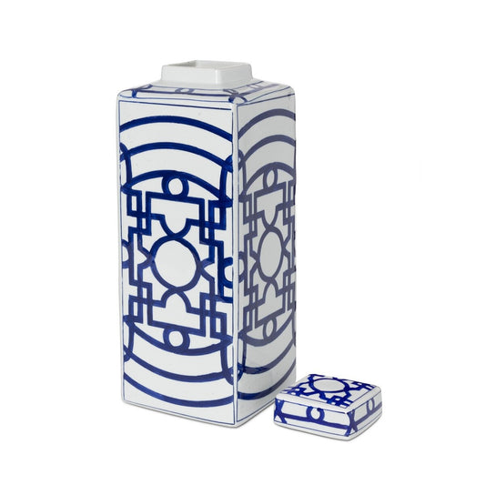Imperial Ceramic Geometric Square Jar, White and Blue, Large