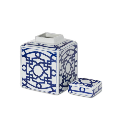 Imperial Ceramic Geometric Square Jar, White and Blue, Small