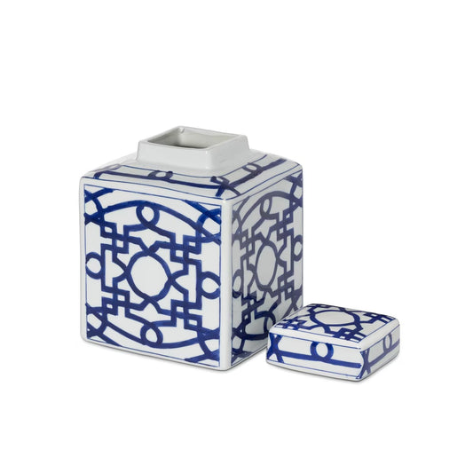 Imperial Ceramic Geometric Square Jar, White and Blue, Small