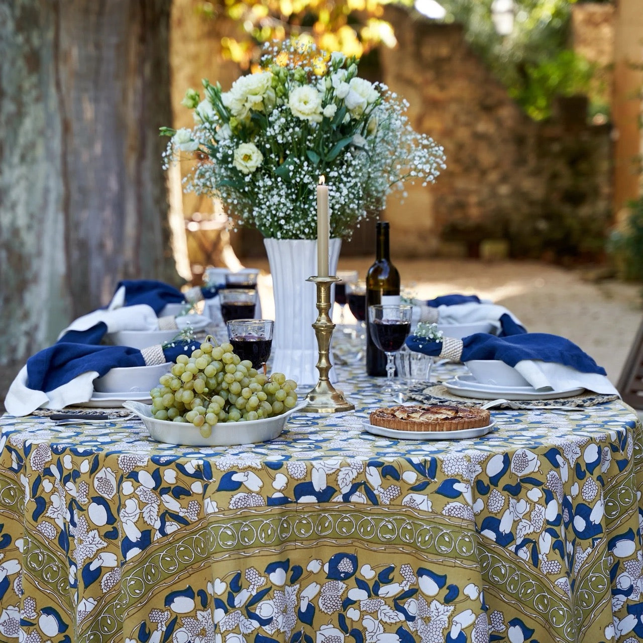 French Tablecloth Forest Harvest Mustard & Blue