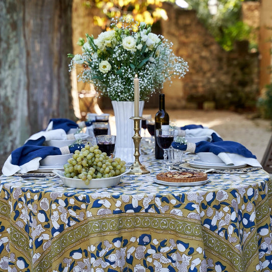 French Tablecloth Forest Harvest Mustard & Blue