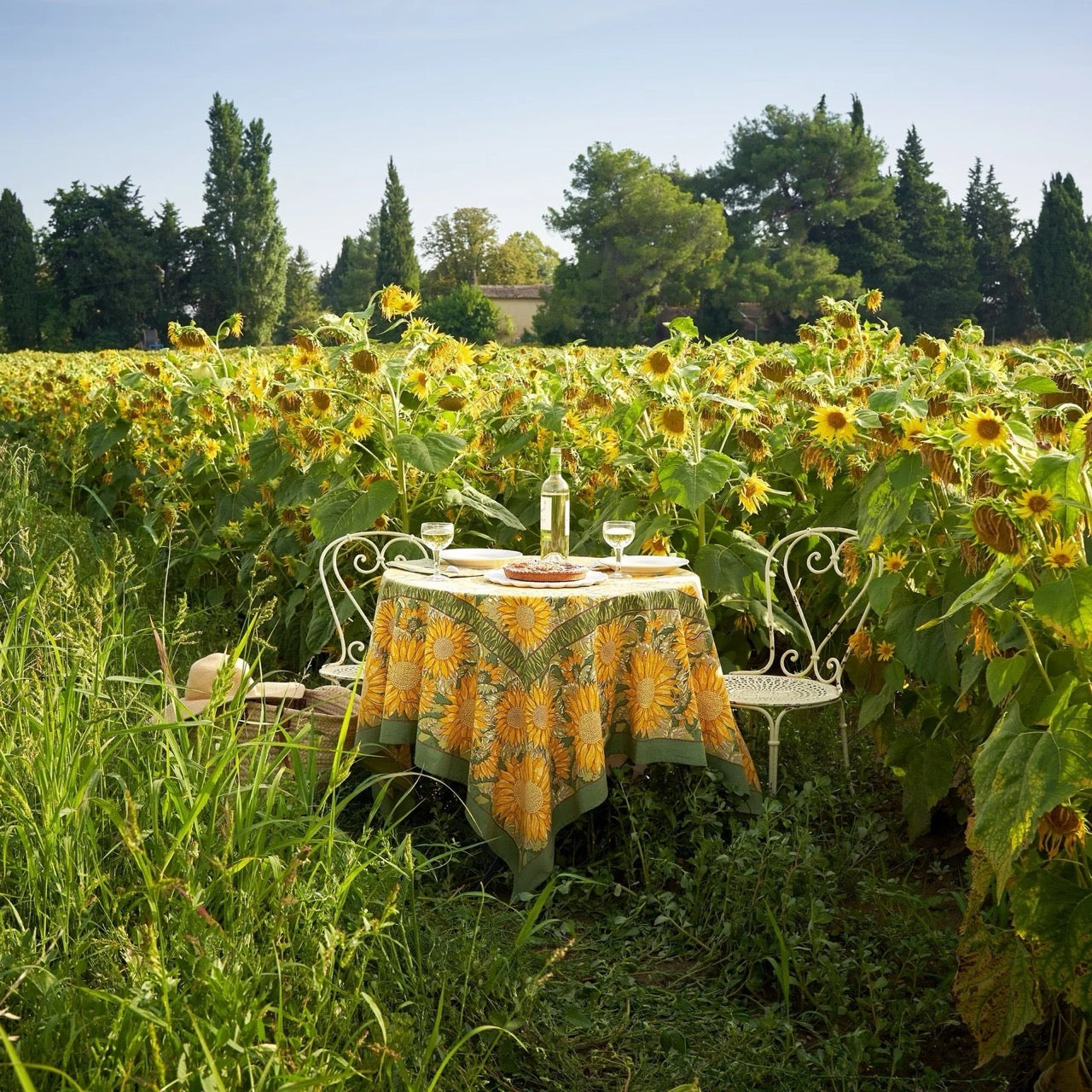 Table set with a sunflower-patterned tablecloth in a sunflower field