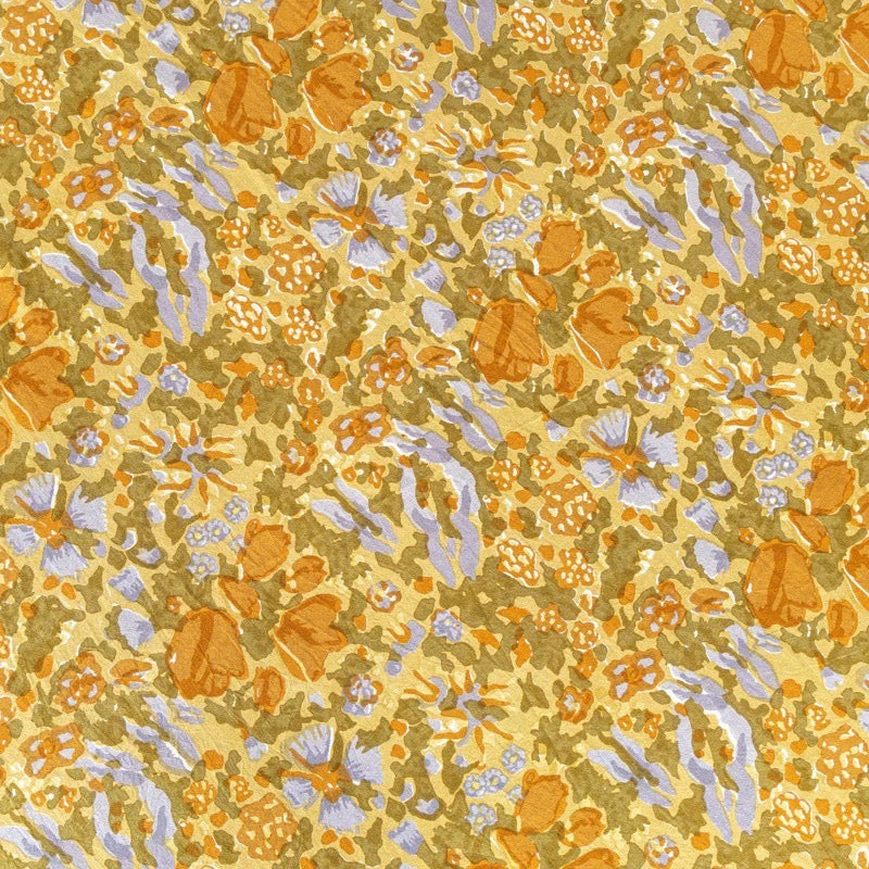 Floral pattern with orange and blue flowers on a yellow background