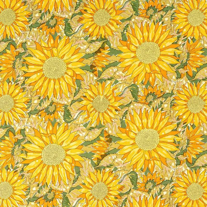 Pattern of yellow sunflowers with green leaves on a fabric background