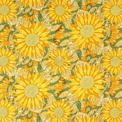 Pattern of yellow sunflowers with green leaves on a fabric background