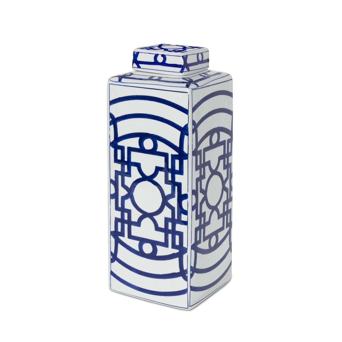 Imperial Ceramic Geometric Square Jar, White and Blue, Large
