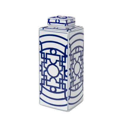 Imperial Ceramic Geometric Square Jar, White and Blue, Large