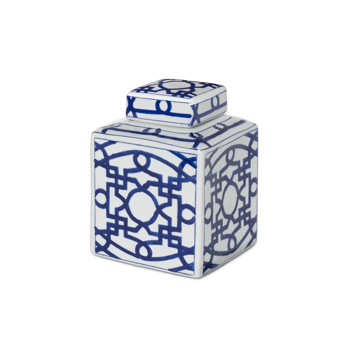 Imperial Ceramic Geometric Square Jar, White and Blue, Small