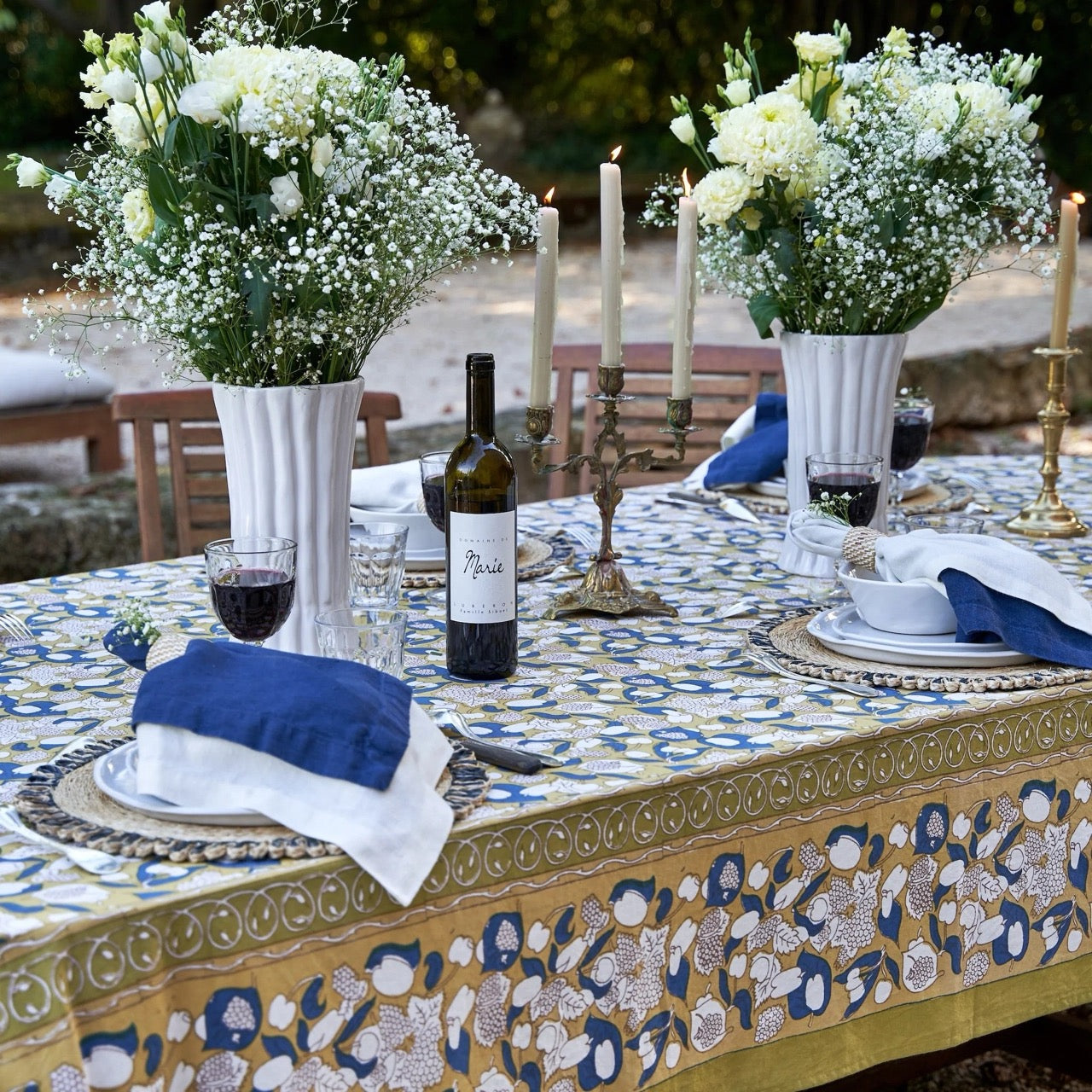 Masurelフランスビンテージシーツ French Tablecloth Forest Harvest Mustard & Blue – Maison de Kristine