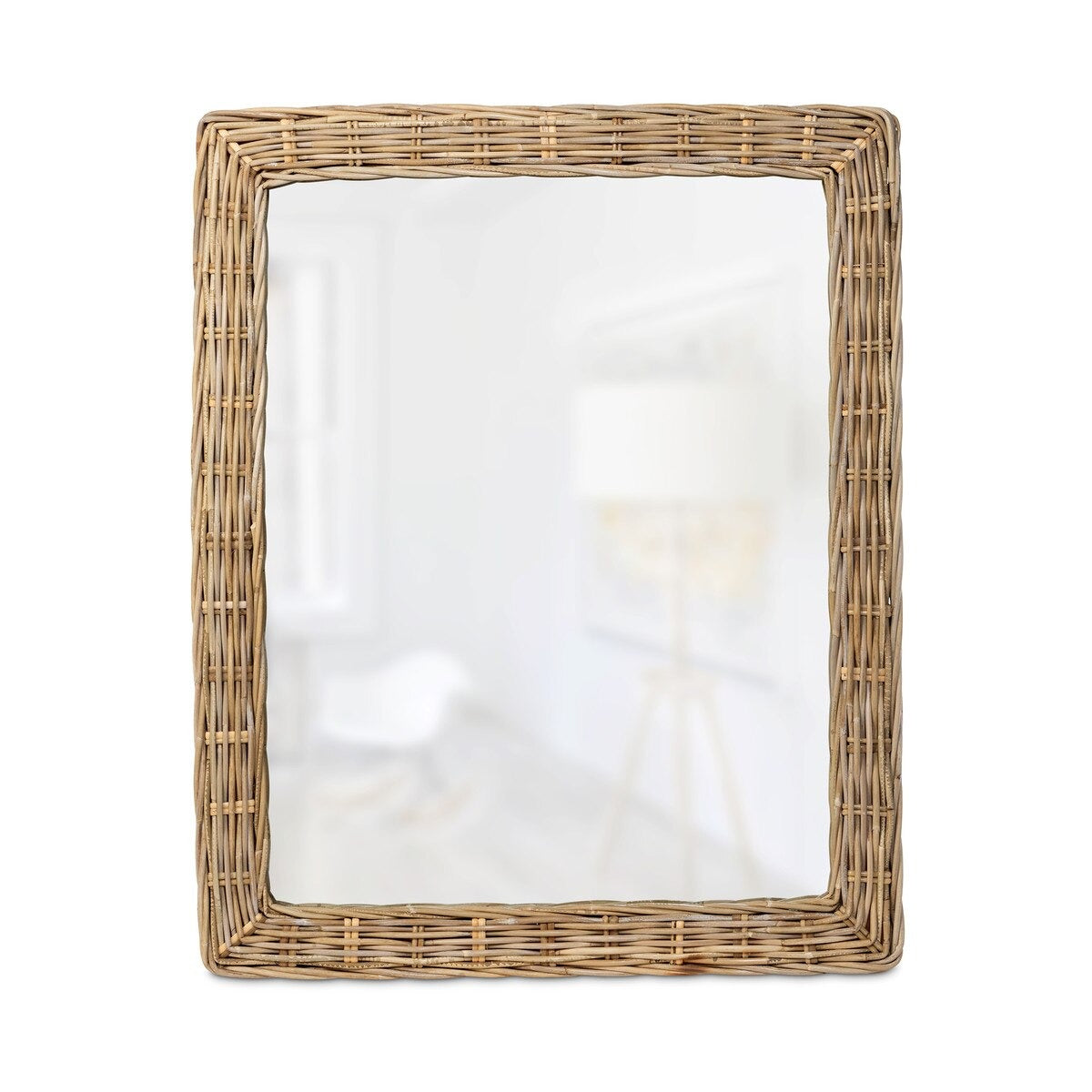 Rectangular mirror with a wicker frame on a white background