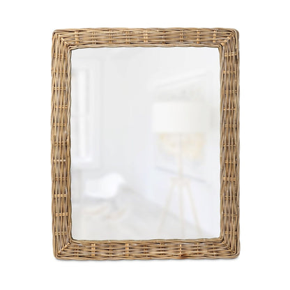 Rectangular mirror with a wicker frame on a white background