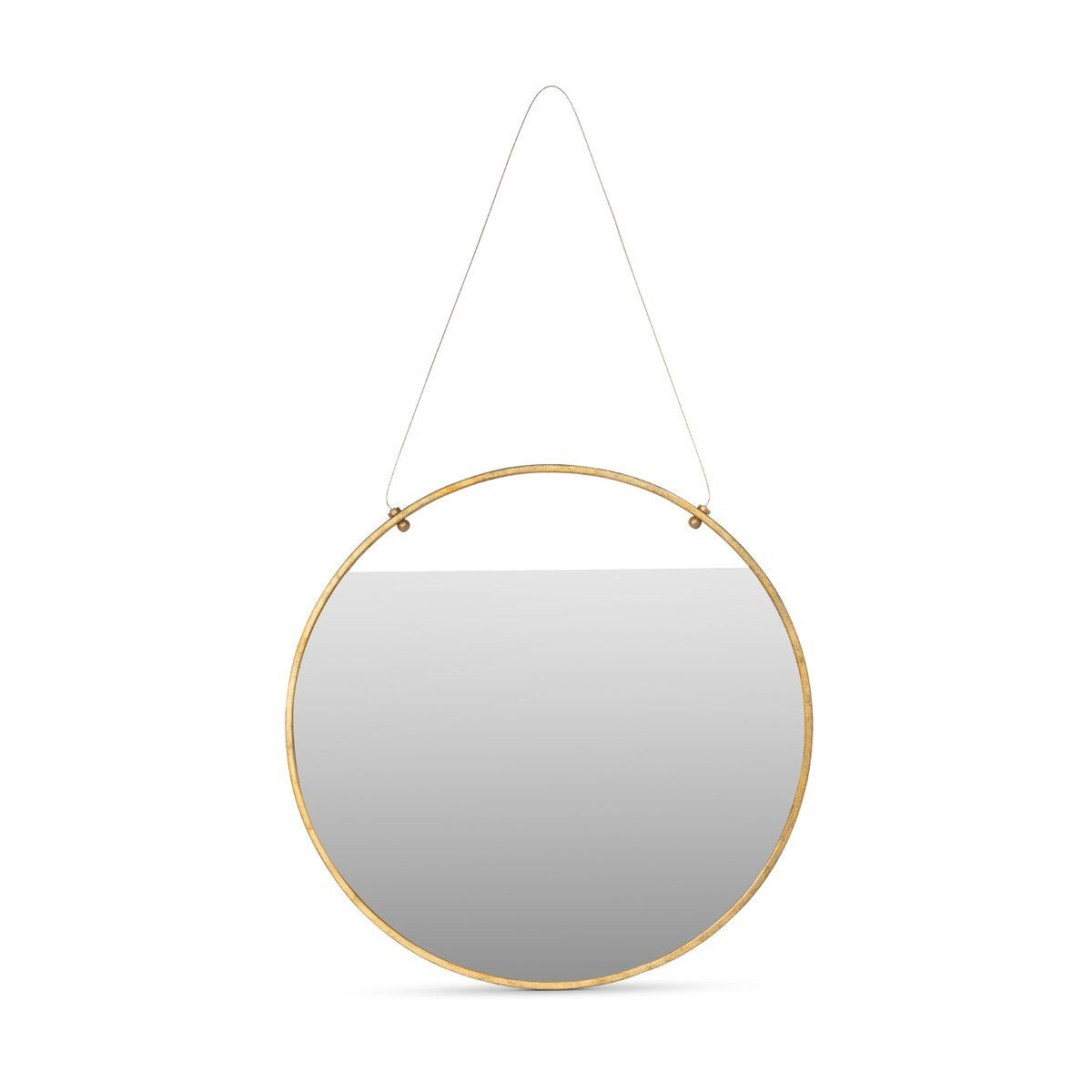 Round mirror with gold frame hanging on a white background