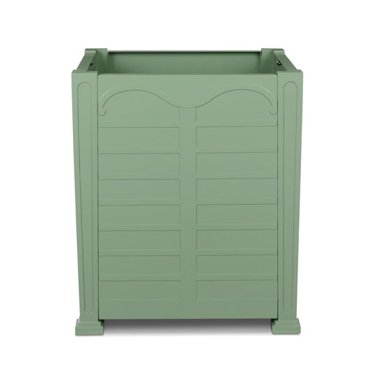 Green rectangular planter box with decorative shutters on a white background