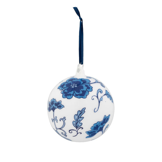 Decorative ball with blue floral patterns on a white background