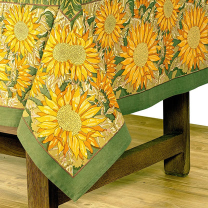 Tablecloth with sunflower design on a wooden table