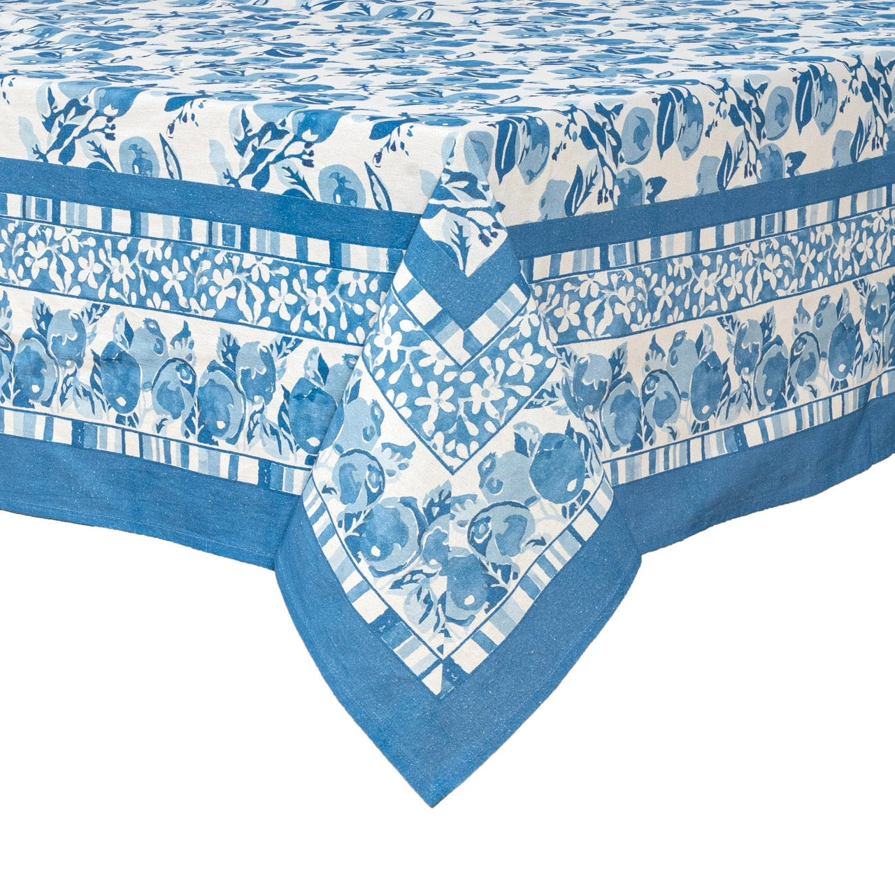 Blue and white patterned tablecloth with floral and striped designs on a white background