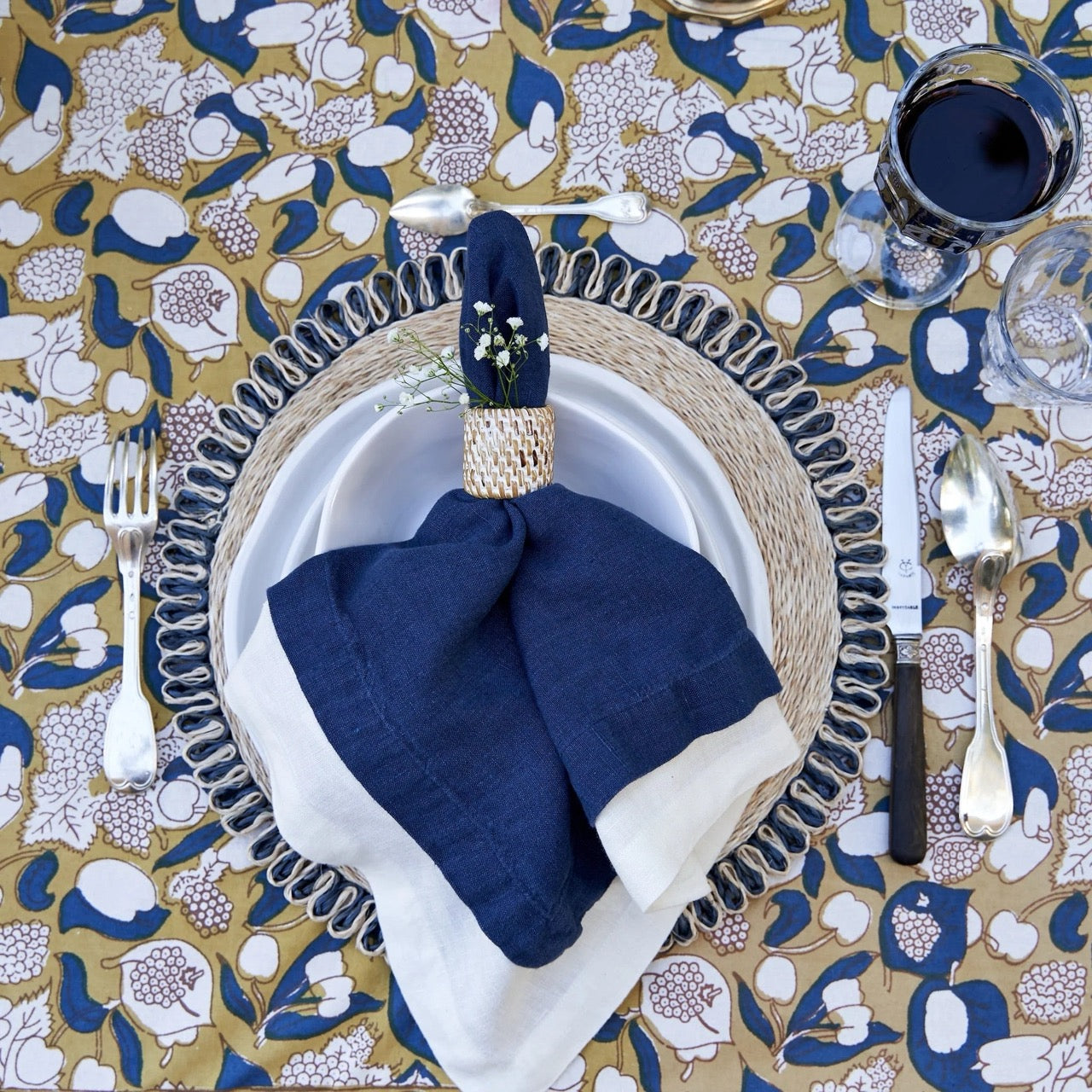 French Tablecloth Forest Harvest Mustard & Blue – Maison de Kristine