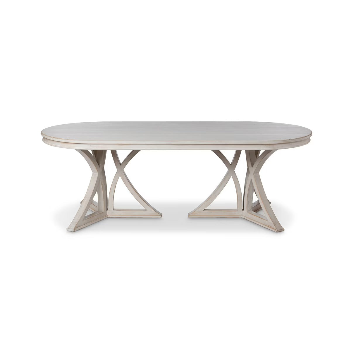 Round dining table with a light wood finish on a white background