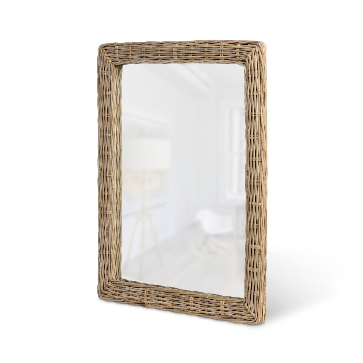 Rectangular mirror with wicker frame on a white background