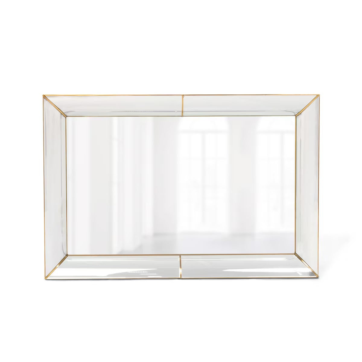 Rectangular mirror with gold frame on a white background