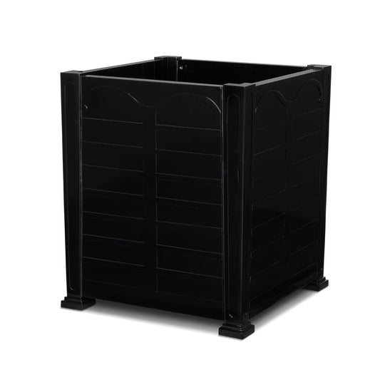 Black plastic compost bin on a white background