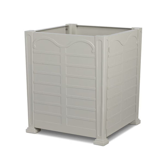 Beige outdoor storage box with a lid on a white background