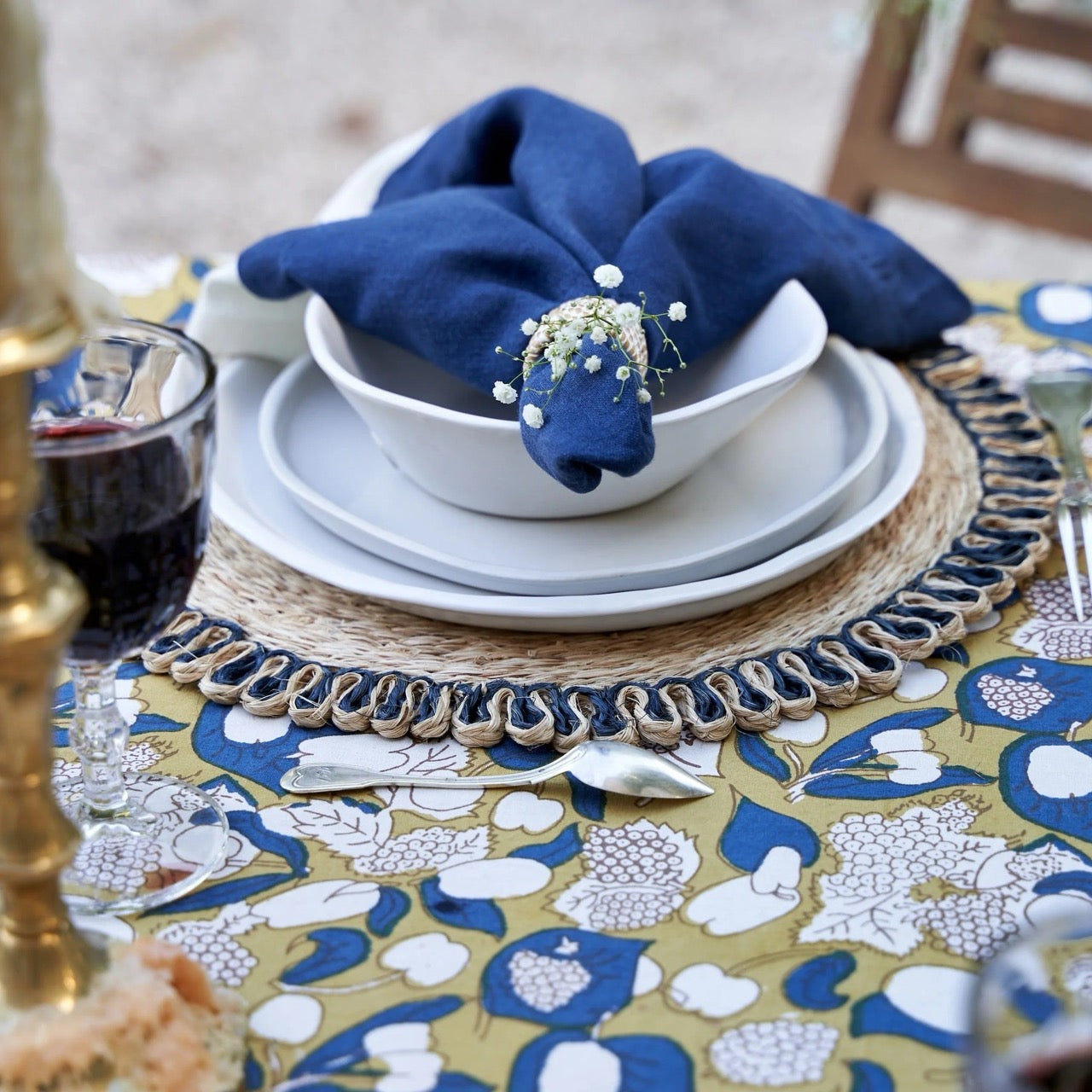 French Tablecloth Forest Harvest Mustard & Blue