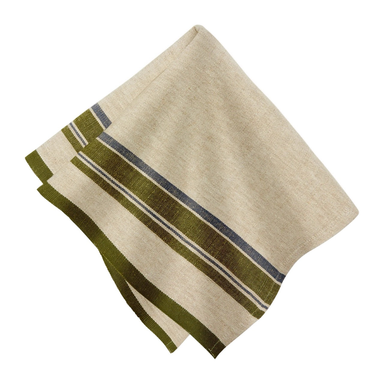 Beige towel with green and gray stripes on a white background
