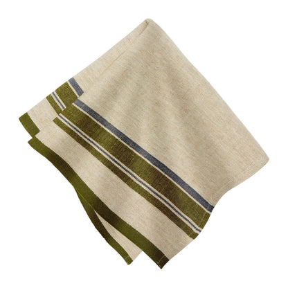 Beige towel with green and gray stripes on a white background