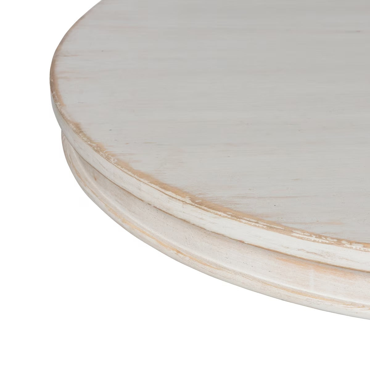 Close-up of a round ceramic plate with a white glaze and brownish rim on a white background.