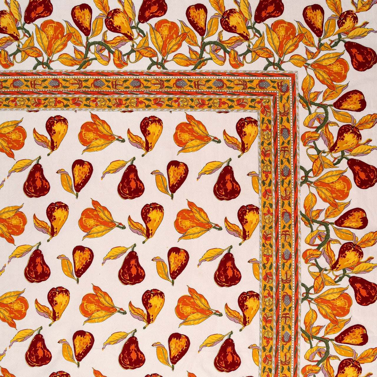 Decorative fabric with autumnal leaf pattern and ornate border on a beige background
