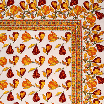 Decorative fabric with autumnal leaf pattern and ornate border on a beige background
