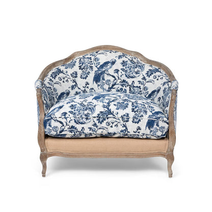 Chair with blue and white floral pattern on a white background
