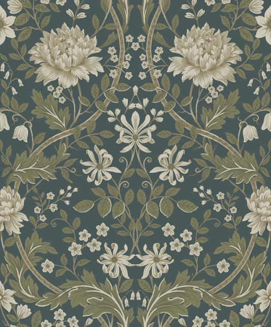 Sutton Honeysuckle Floral Damask Unpasted Wallpaper