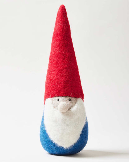 Gnome figurine with a red hat and blue body on a white background