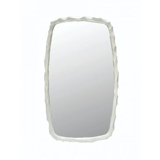 Rectangular mirror with a decorative white frame on a white background