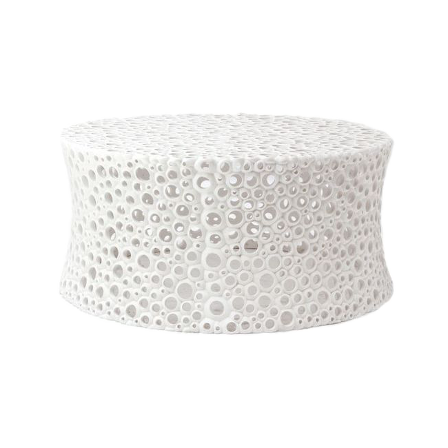Round white cushion with gray circular pattern on a white background
