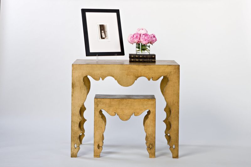 Contemporary Rococo Console Table in Gold Leaf by Tara Shaw shown with two sizes